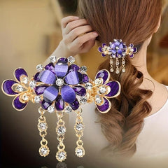 Flower Hair Clip with Rhinestone Tassel Back Head Decoration