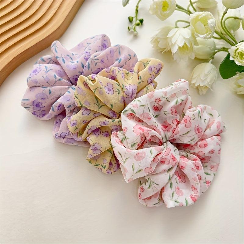 3pcs Large Floral Hair Scrunchies Violet Fabric Headdress Hair Rope