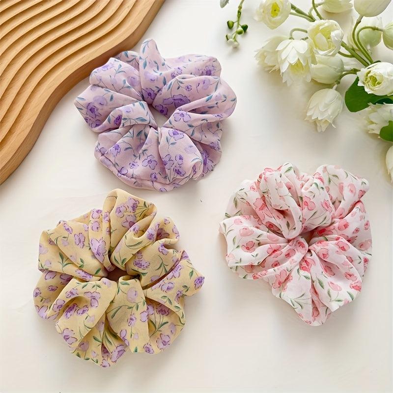 3pcs Large Floral Hair Scrunchies Violet Fabric Headdress Hair Rope