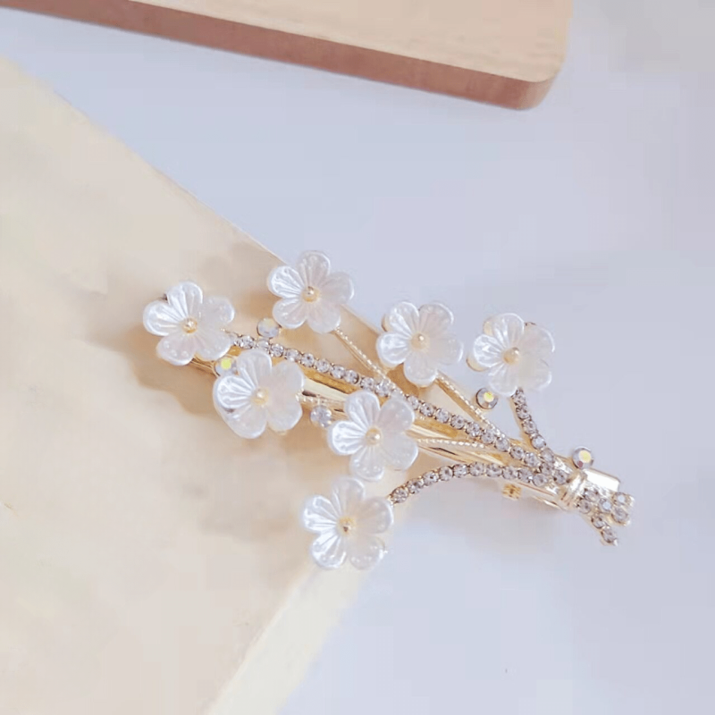 Sparkly Faux Pearl Flower Hair Clip Duck Billed Style