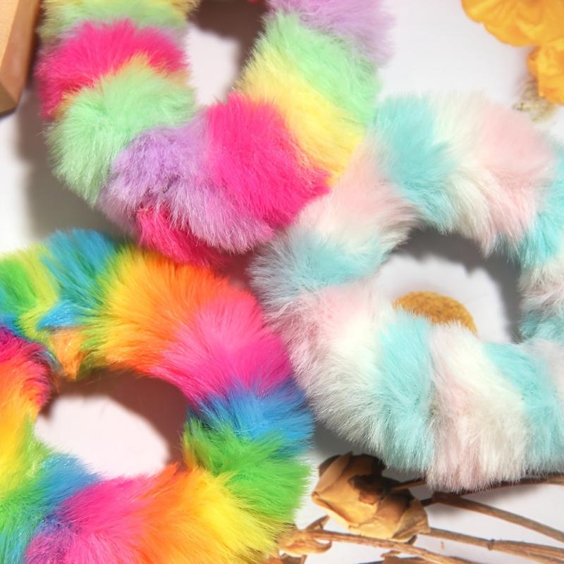 5pcs Rainbow Stripe Fuzzy Furry Faux Fur Hair Tie Scrunchies
