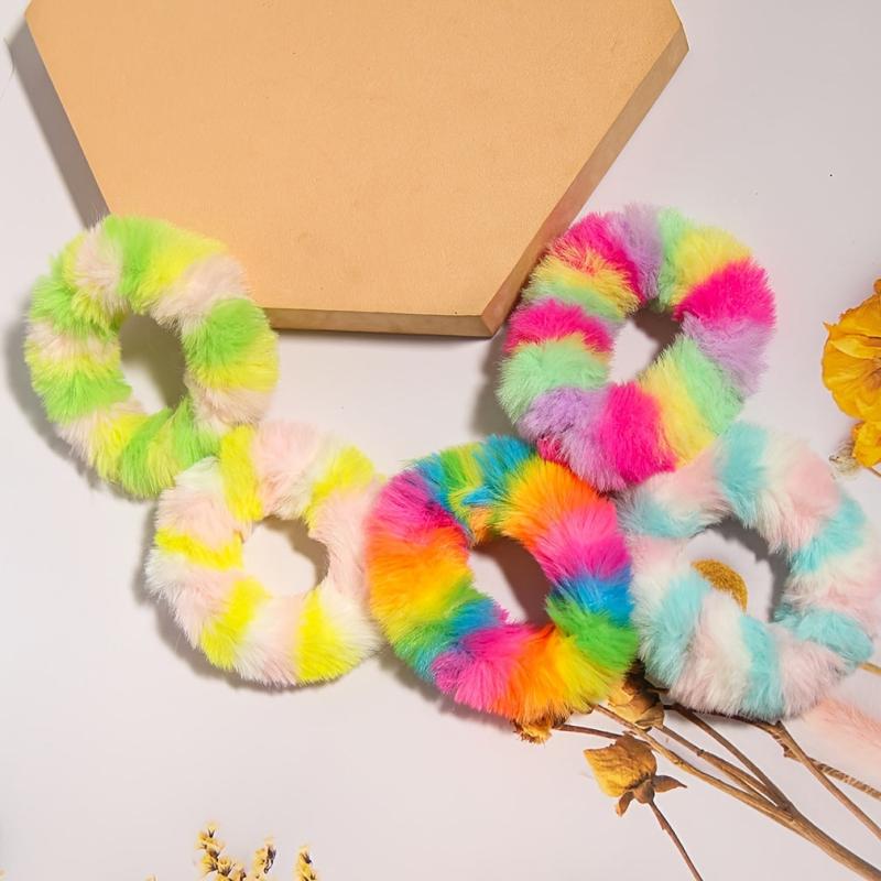 5pcs Rainbow Stripe Fuzzy Furry Faux Fur Hair Tie Scrunchies