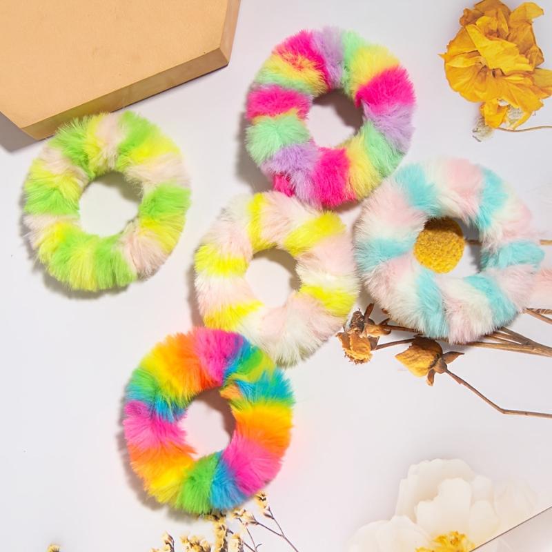 5pcs Rainbow Stripe Fuzzy Furry Faux Fur Hair Tie Scrunchies