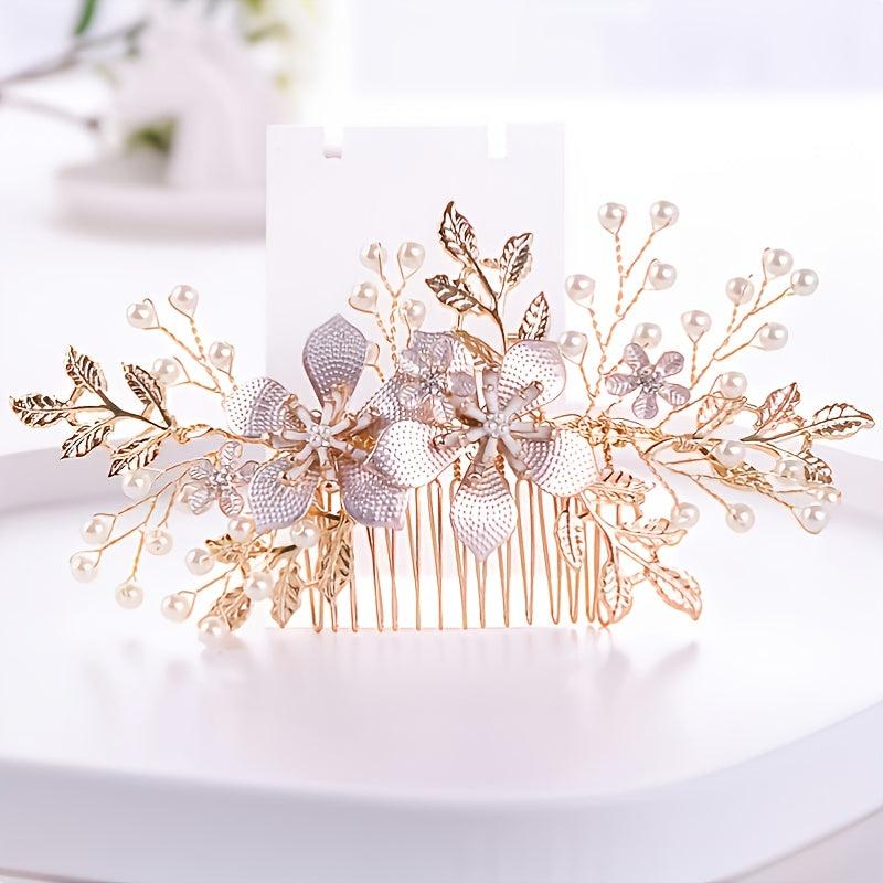 Golden Bridal Hair Comb Floral Pearl Wedding Comb Dainty Gift For Her