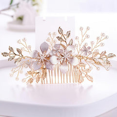 Golden Bridal Hair Comb Floral Pearl Wedding Comb Dainty Gift For Her