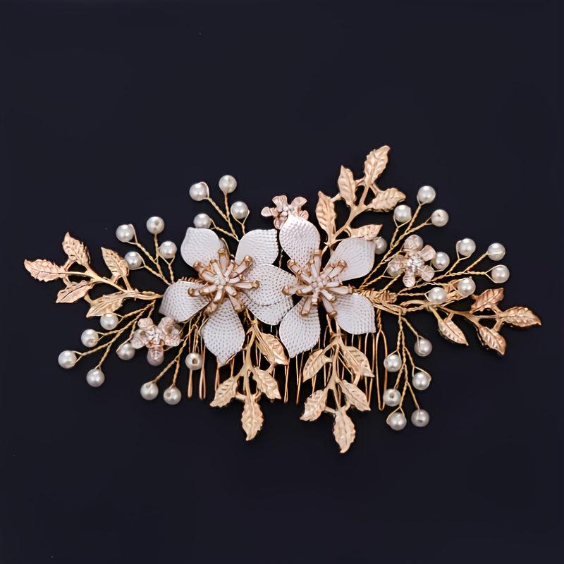 Golden Bridal Hair Comb Floral Pearl Wedding Comb Dainty Gift For Her