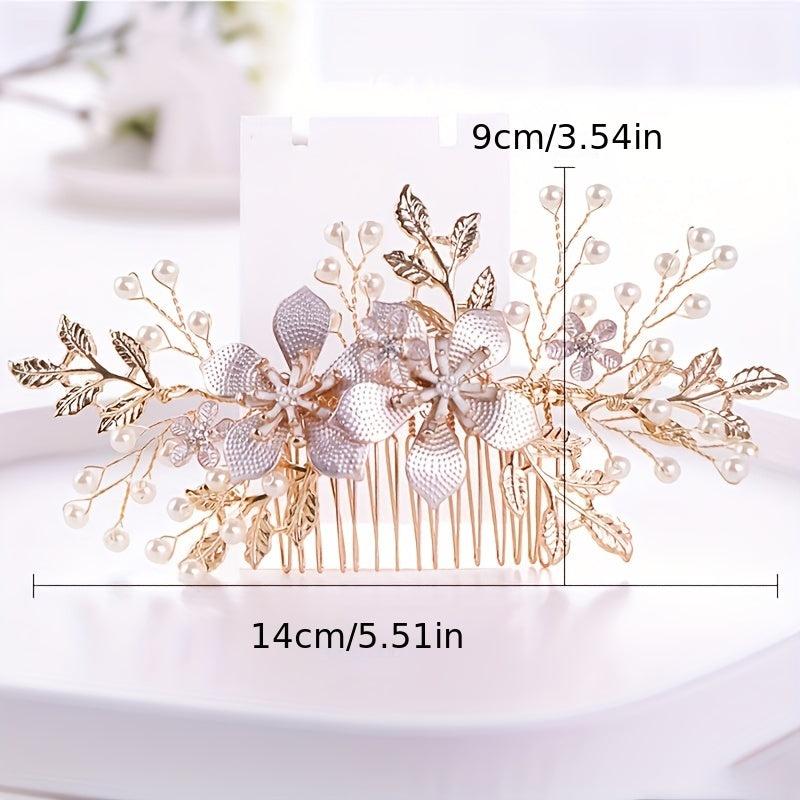 Golden Bridal Hair Comb Floral Pearl Wedding Comb Dainty Gift For Her