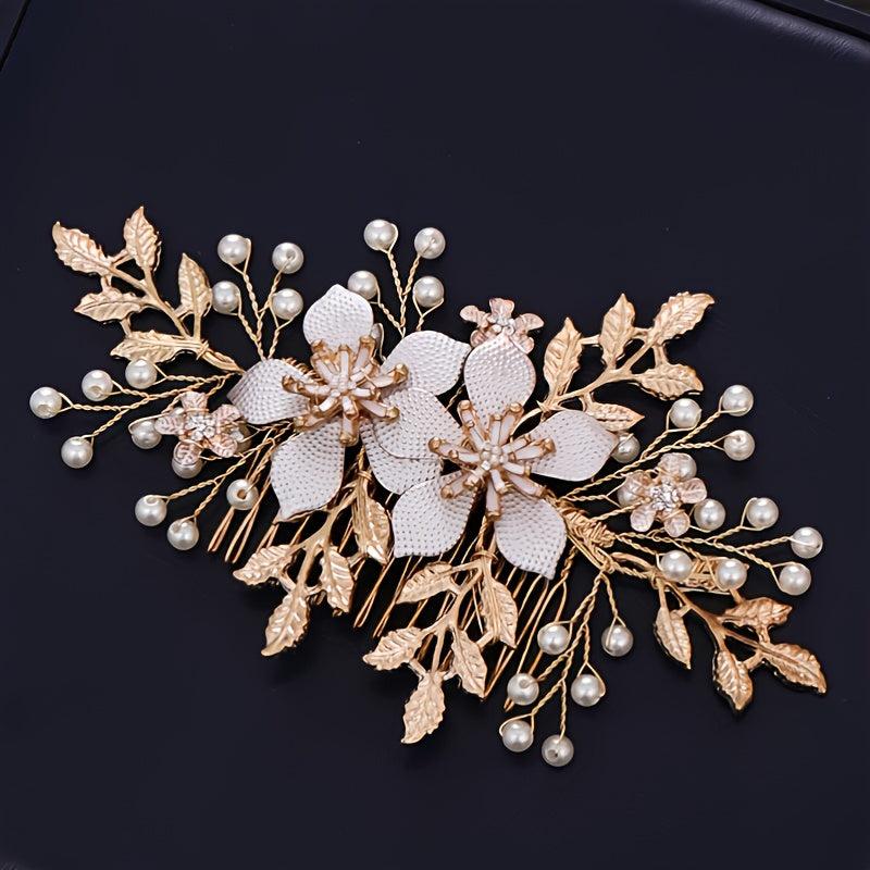 Golden Bridal Hair Comb Floral Pearl Wedding Comb Dainty Gift For Her