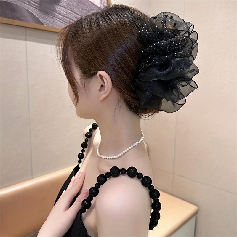 Organza Hair Claw Rhinestone Nonslip Ponytail Holder