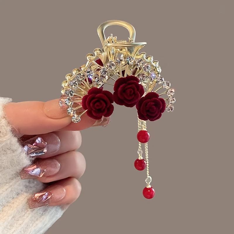 Flocked Rose Flower Hair Claw Clip Rhinestone Tassel Hair Clip