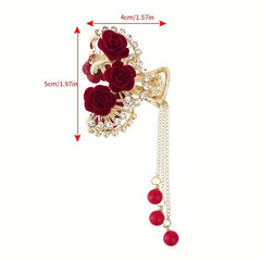 Flocked Rose Flower Hair Claw Clip Rhinestone Tassel Hair Clip
