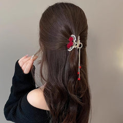 Flocked Rose Flower Hair Claw Clip Rhinestone Tassel Hair Clip
