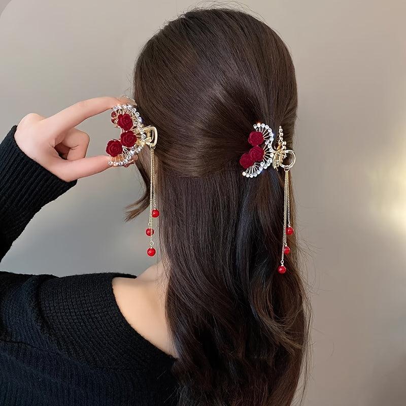 Flocked Rose Flower Hair Claw Clip Rhinestone Tassel Hair Clip