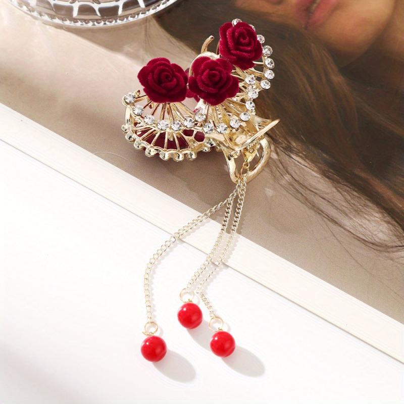 Flocked Rose Flower Hair Claw Clip Rhinestone Tassel Hair Clip