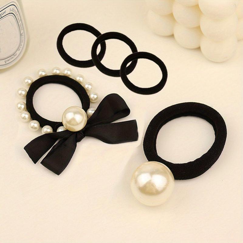 5pcs Faux Pearl Hair Tie Bowknot Hair Rope Ponytail Holder Hair Accessories