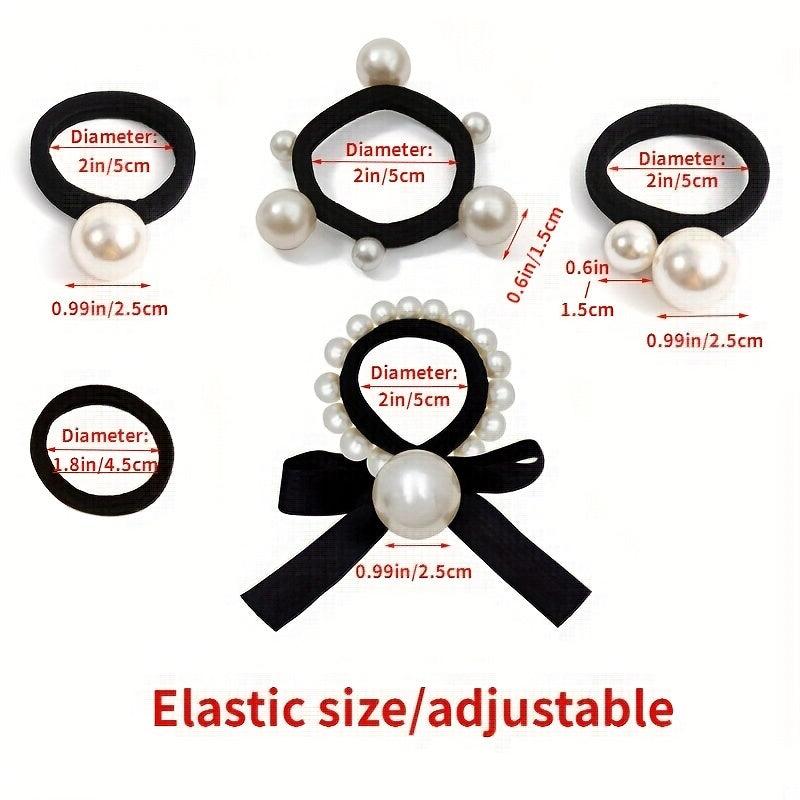 5pcs Faux Pearl Hair Tie Bowknot Hair Rope Ponytail Holder Hair Accessories
