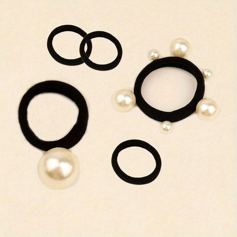 5pcs Faux Pearl Hair Tie Bowknot Hair Rope Ponytail Holder Hair Accessories