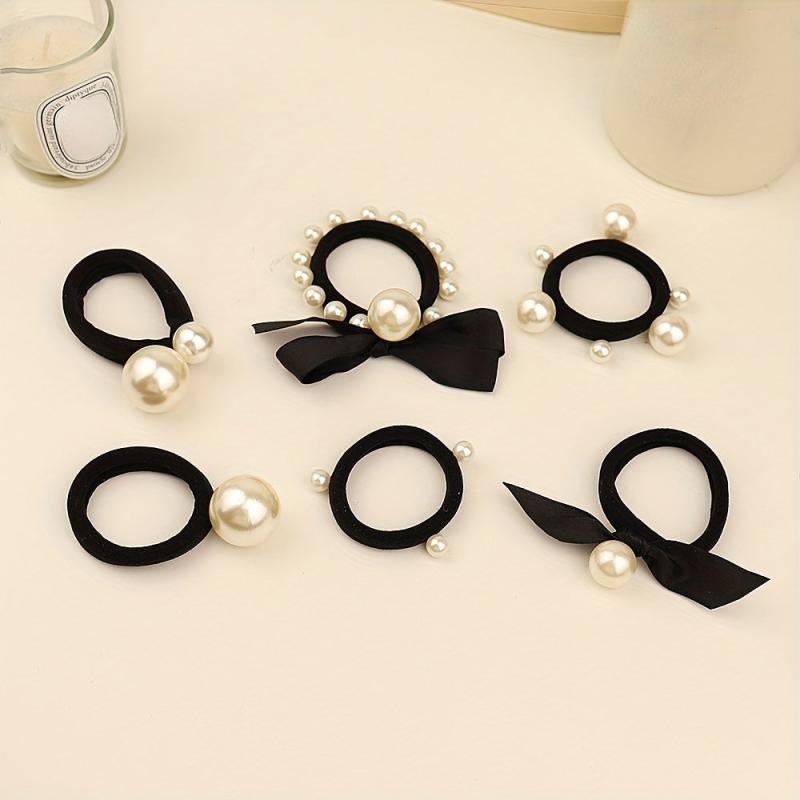 5pcs Faux Pearl Hair Tie Bowknot Hair Rope Ponytail Holder Hair Accessories
