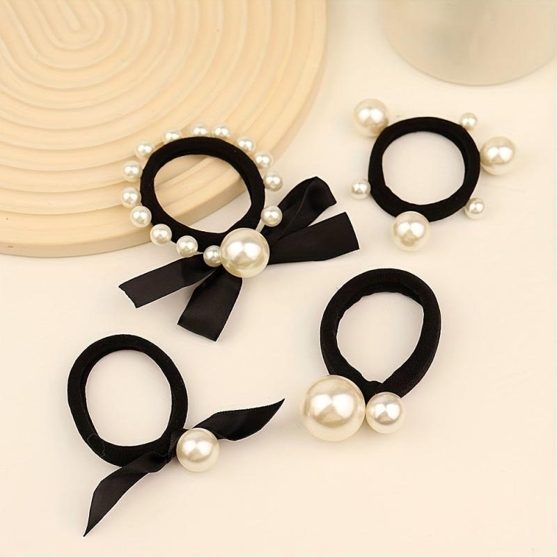 5pcs Faux Pearl Hair Tie Bowknot Hair Rope Ponytail Holder Hair Accessories