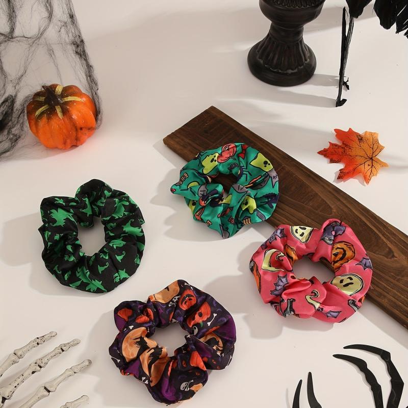 4pcs Halloween Scrunchies Hair Tie Ghost Face Pumpkin Pattern Hair Rope