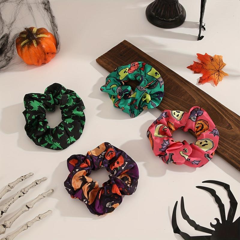 4pcs Halloween Scrunchies Hair Tie Ghost Face Pumpkin Pattern Hair Rope