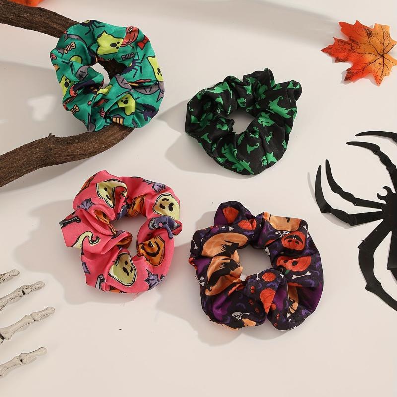 4pcs Halloween Scrunchies Hair Tie Ghost Face Pumpkin Pattern Hair Rope