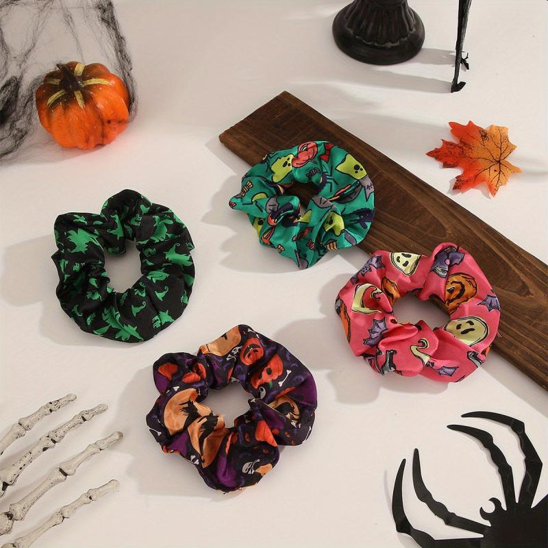 4pcs Halloween Scrunchies Hair Tie Ghost Face Pumpkin Pattern Hair Rope