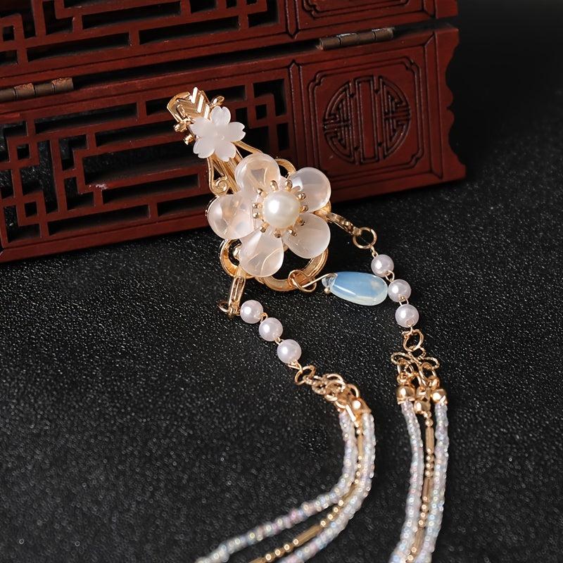 Vintage Chinese Style Hanfu Hair Clip with Faux Pearl Flower Leaf Beaded Tassel