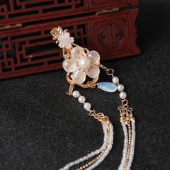 Vintage Chinese Style Hanfu Hair Clip with Faux Pearl Flower Leaf Beaded Tassel