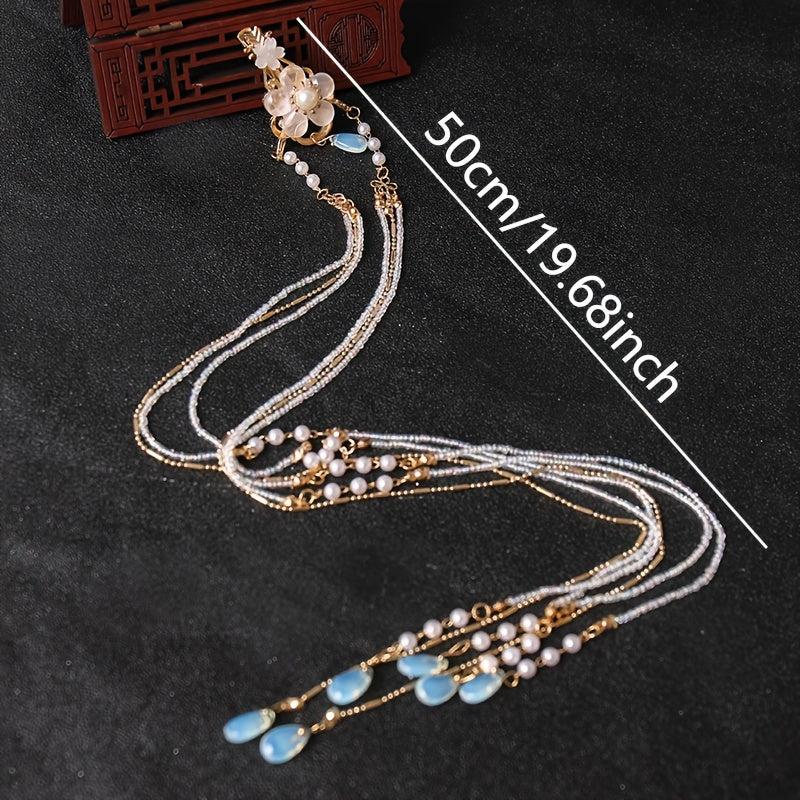 Vintage Chinese Style Hanfu Hair Clip with Faux Pearl Flower Leaf Beaded Tassel