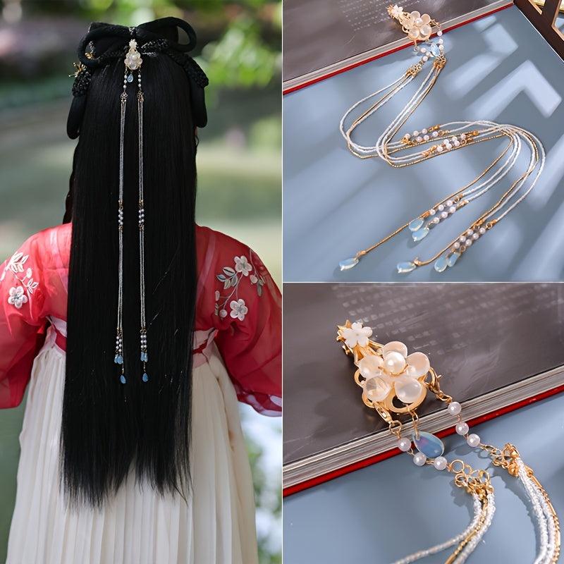 Vintage Chinese Style Hanfu Hair Clip with Faux Pearl Flower Leaf Beaded Tassel
