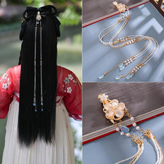 Vintage Chinese Style Hanfu Hair Clip with Faux Pearl Flower Leaf Beaded Tassel