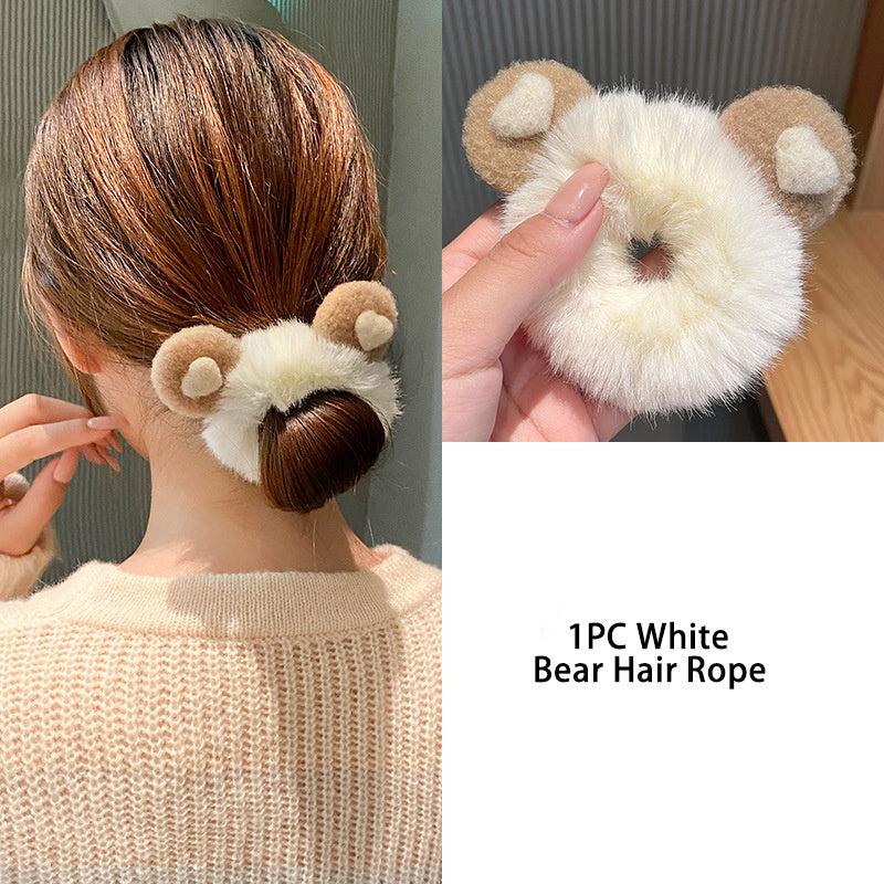 Plush Bear Rabbit Ears Hair Ties Scrunchies Fluffy Ponytail Holder