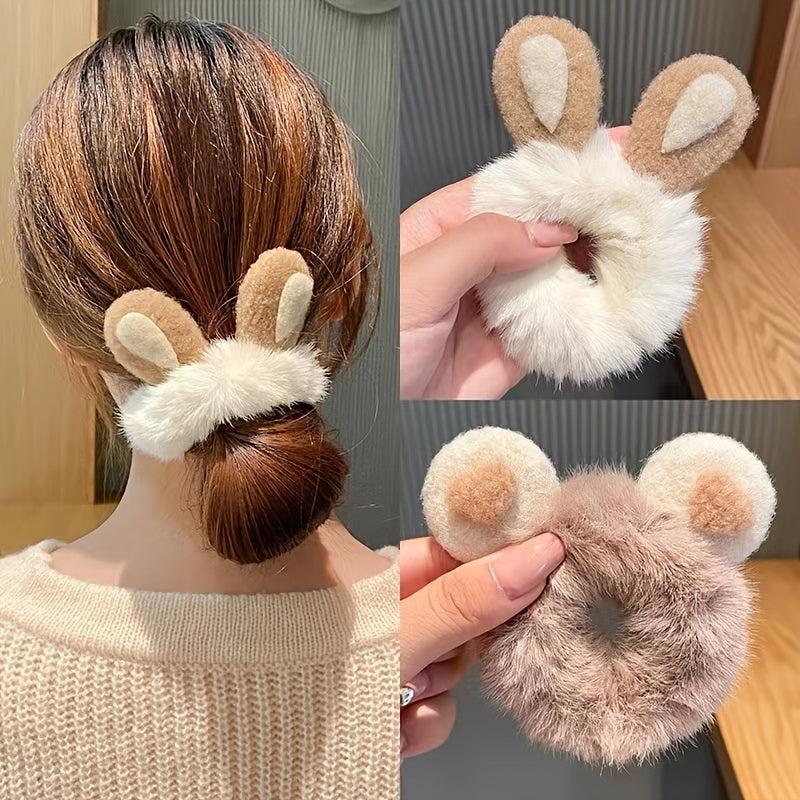 Plush Bear Rabbit Ears Hair Ties Scrunchies Fluffy Ponytail Holder
