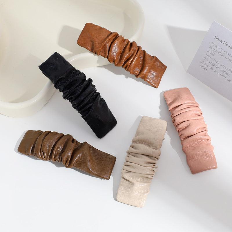 Pleated PU Leather Snap Clip Solid Hair Clip