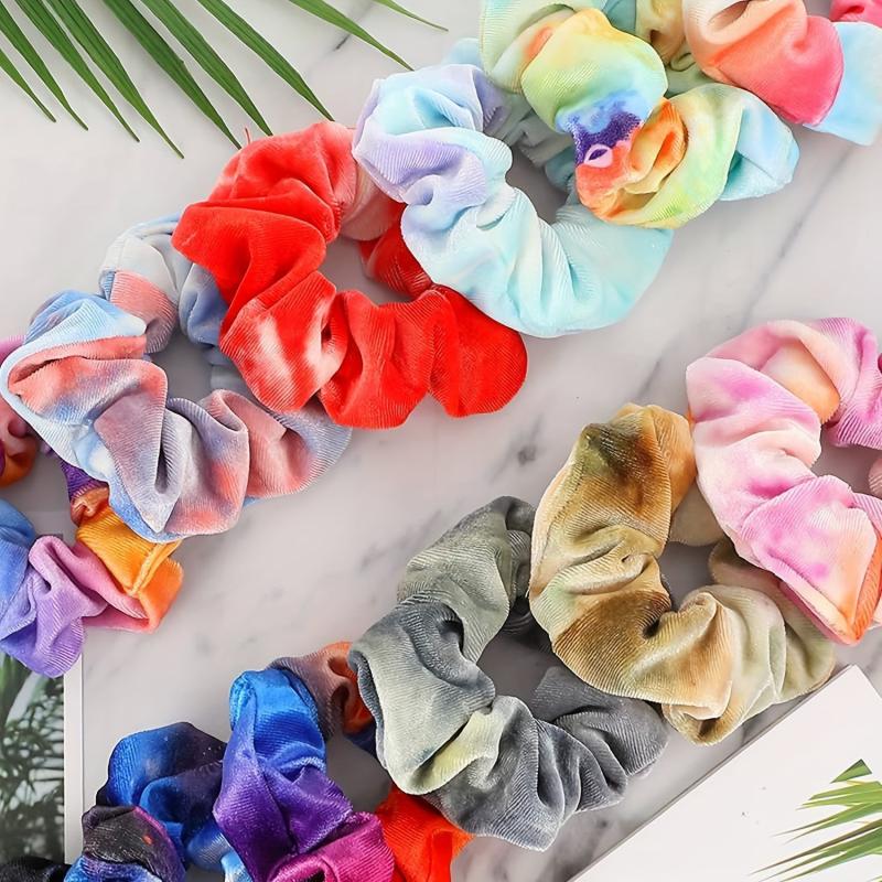 12 Pcs Tie Dye Velvet Scrunchies for Hair - Soft Rainbow Hair Bands