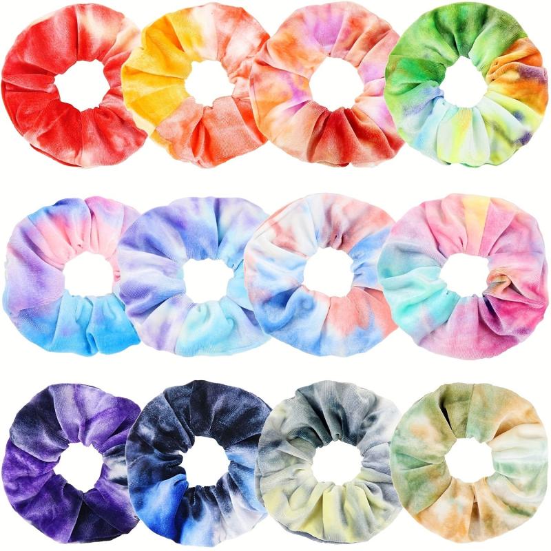 12 Pcs Tie Dye Velvet Scrunchies for Hair - Soft Rainbow Hair Bands