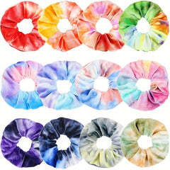 12 Pcs Tie Dye Velvet Scrunchies for Hair - Soft Rainbow Hair Bands