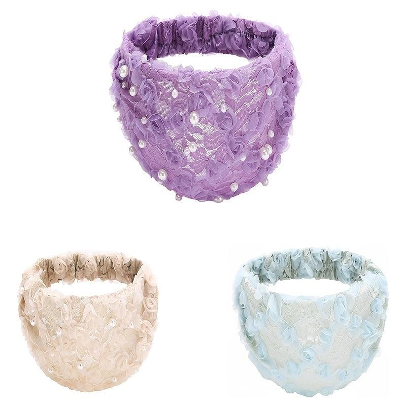 Faux Pearl Headband Lace Hair Band Elastic Turban