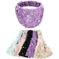 Faux Pearl Headband Lace Hair Band Elastic Turban