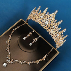 3pcs Set Rhinestone Wedding Crown Necklace Earrings