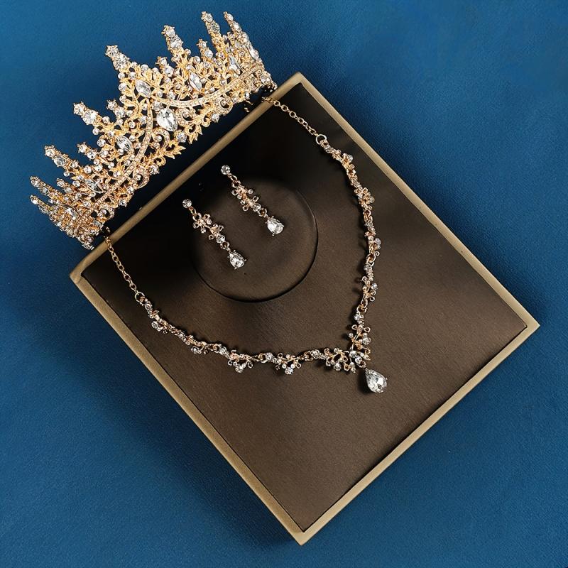 3pcs Set Rhinestone Wedding Crown Necklace Earrings
