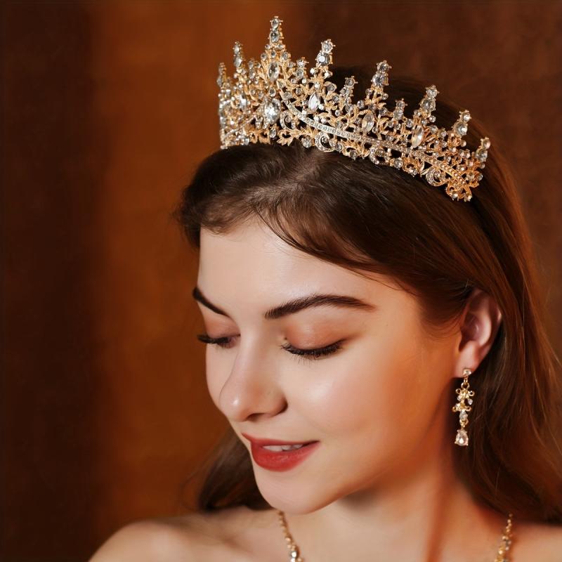 3pcs Set Rhinestone Wedding Crown Necklace Earrings