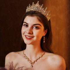 3pcs Set Rhinestone Wedding Crown Necklace Earrings