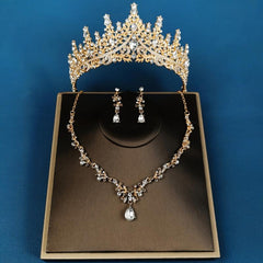 3pcs Set Rhinestone Wedding Crown Necklace Earrings