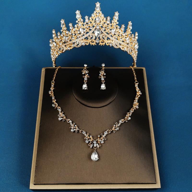 3pcs Set Rhinestone Wedding Crown Necklace Earrings