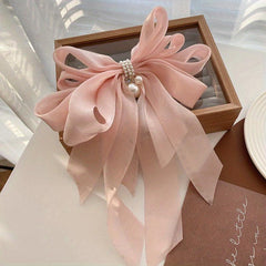 Bow & Faux Pearl Decor Hair Clip French Barrette Silk Hair Pin