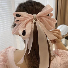 Bow & Faux Pearl Decor Hair Clip French Barrette Silk Hair Pin