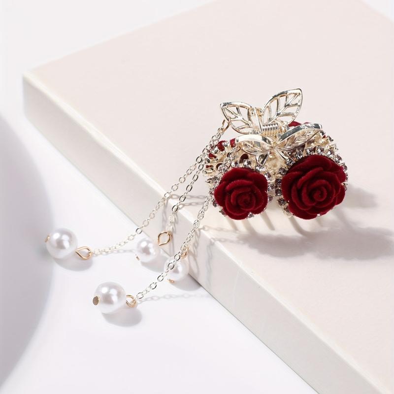Rose Flocking Hair Claw with Faux Pearl Pendant