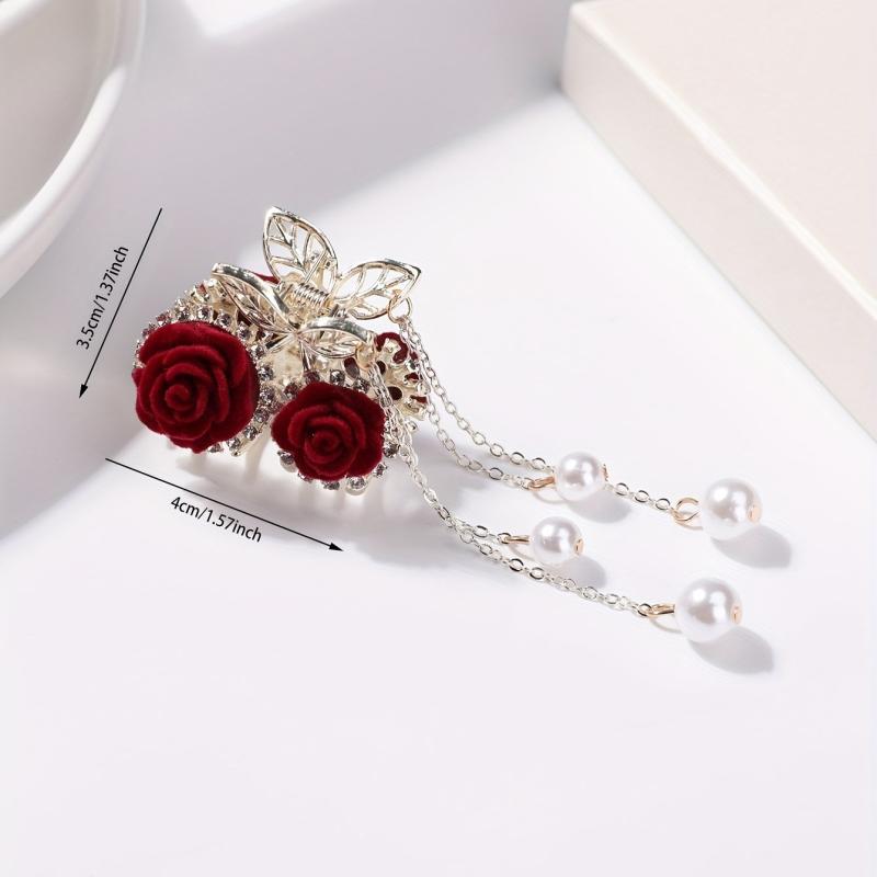 Rose Flocking Hair Claw with Faux Pearl Pendant